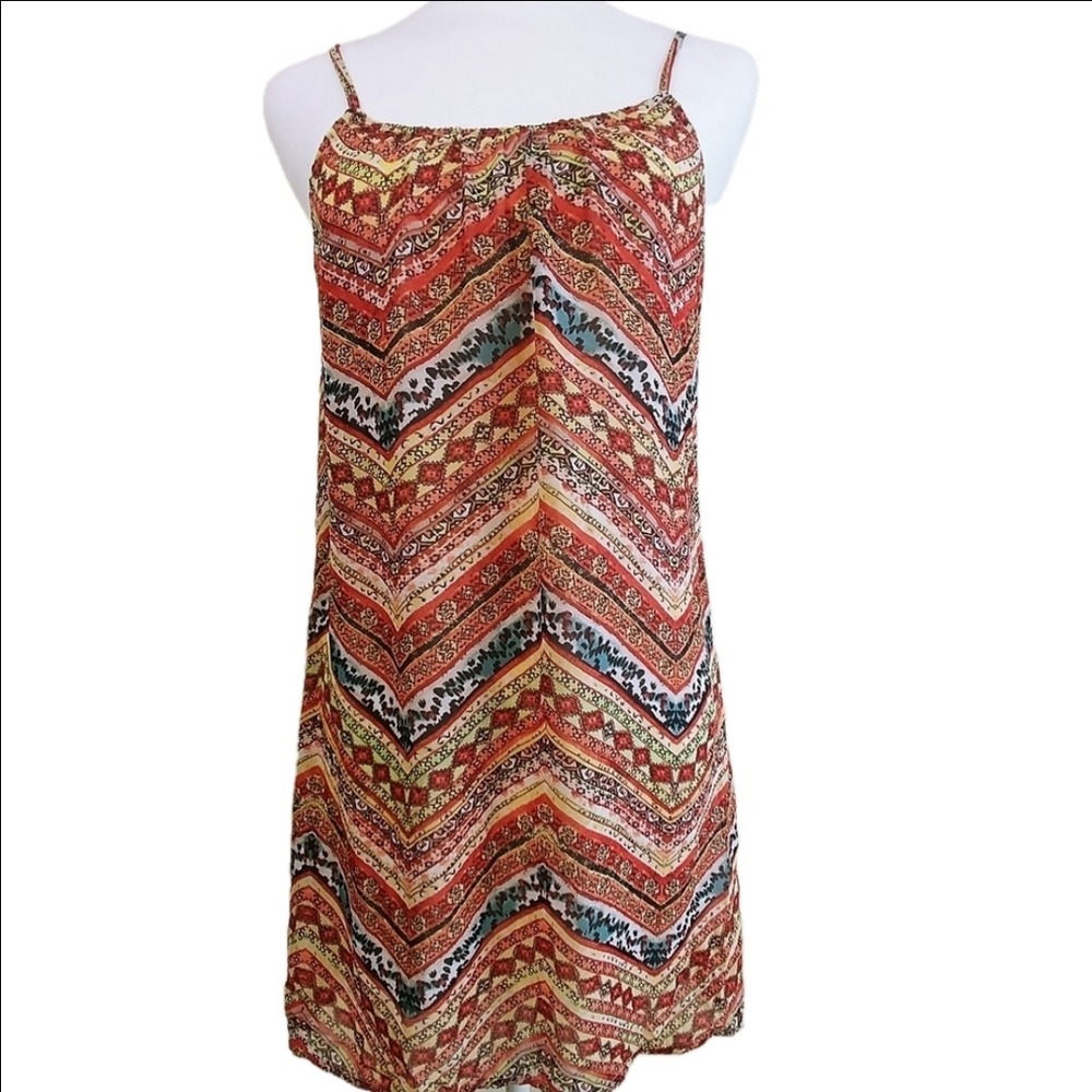 Poetry Mini Dress Womens Small Multi Chevron Tribal Print Spaghetti Strap Boho